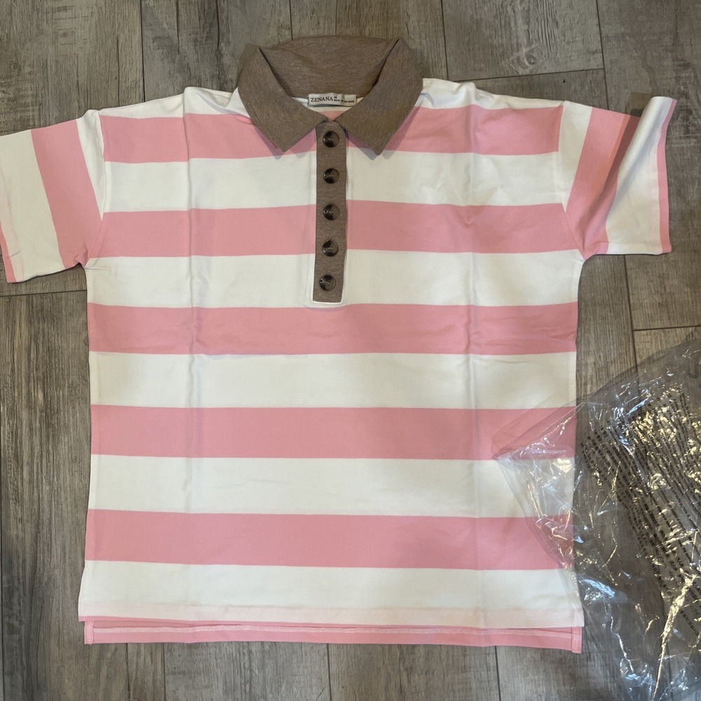 Zenana Oversized Blouse Collared Striped Pink Short Sleeve Top